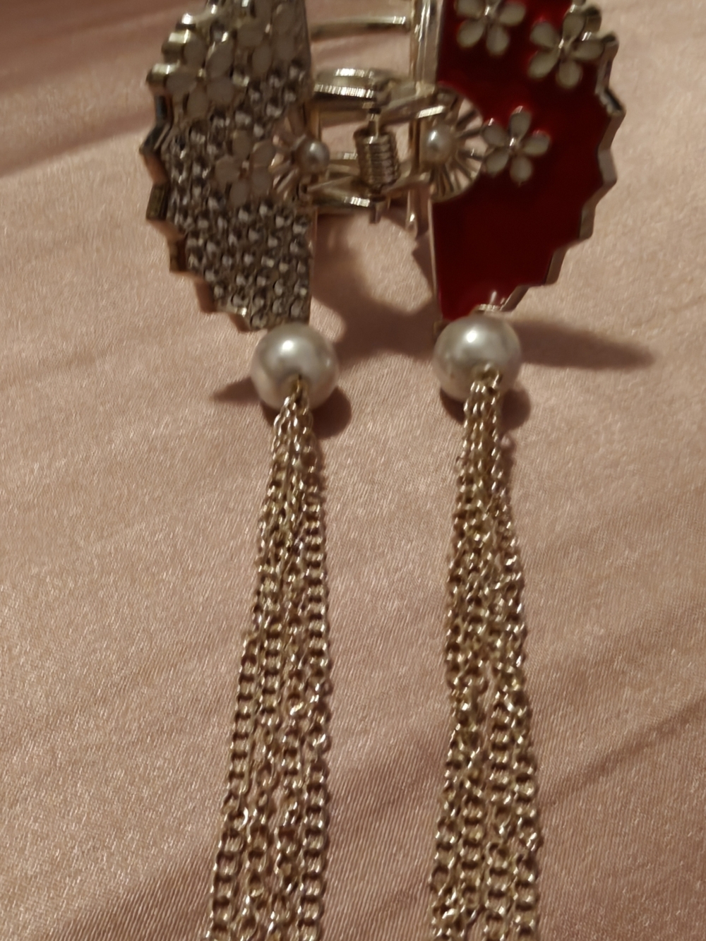 Gold Pearl Tassel Hair Clip with Red Enamel and Crystal Flower Accents - Picture 4 of 5